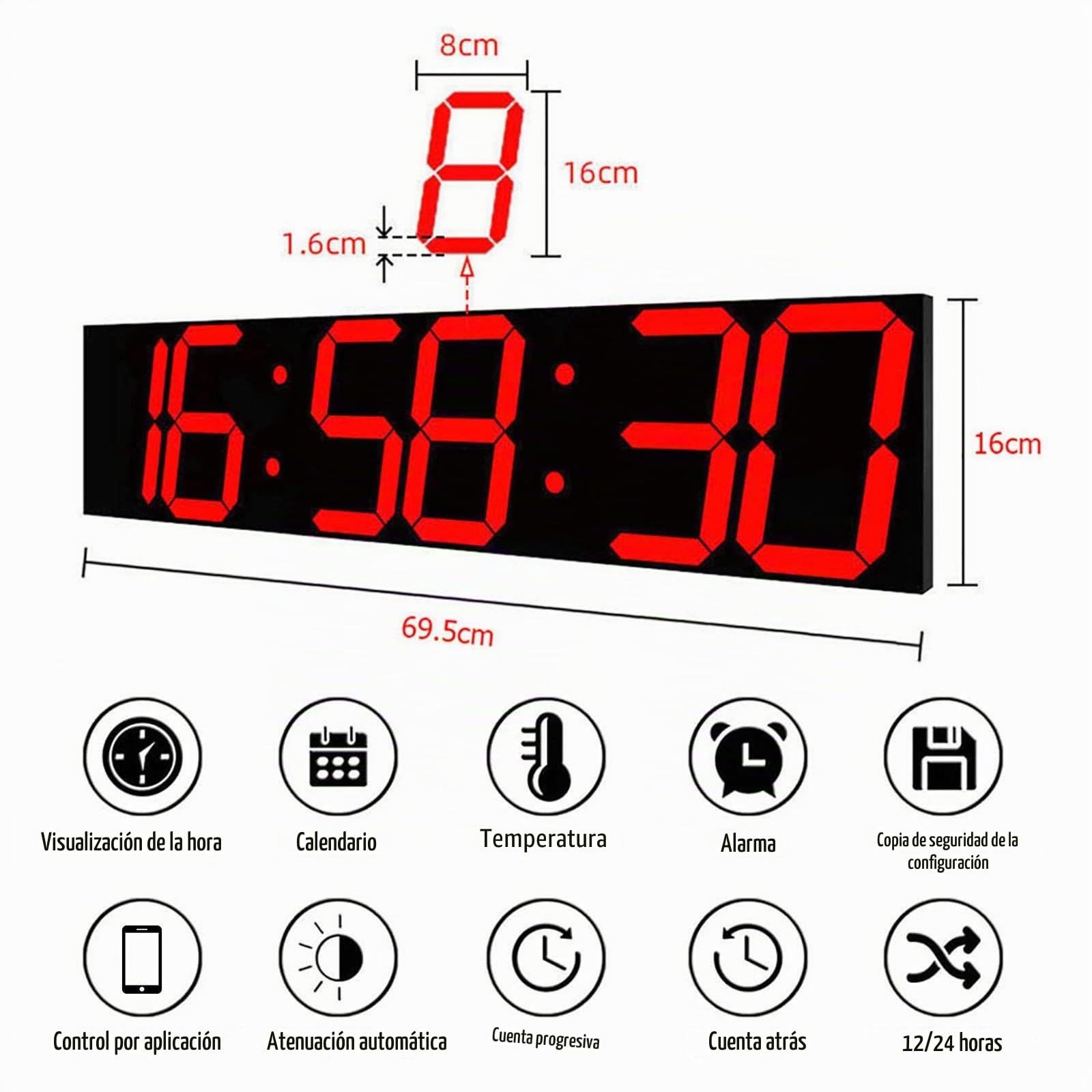 Reloj de pared digital LED - control de WiFi a través de Internet, cronómetro integrado, cuenta atrás, alarmas, temperatura, memoria de apagado, para oficina en casa, cocina, gimnasio ( Color : Red )