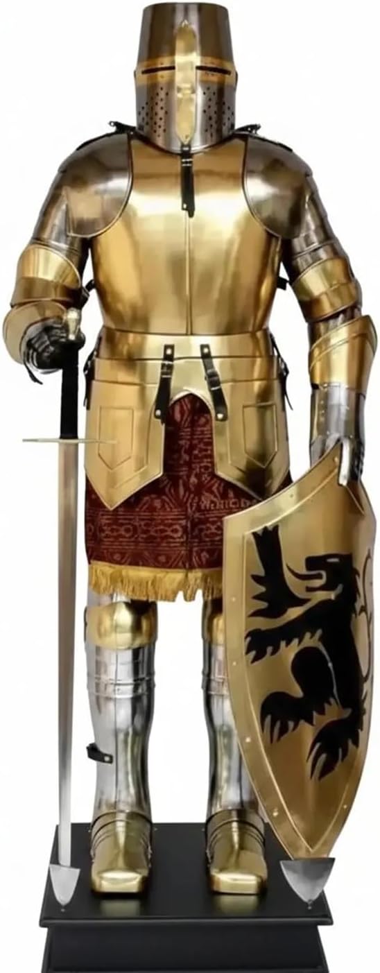 Medieval Templar Knight Full Plate Armor Set- Handmade 18 Gauge Steel Wearable Helmet, Breastplate & Backplate, Shield, Suit of Armour, Brass Finish for Halloween & LARP, Costume