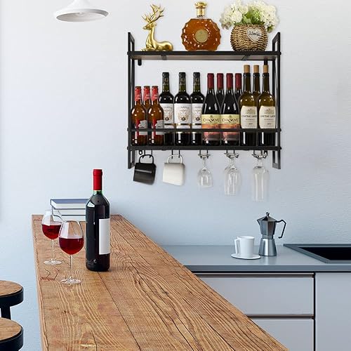 Miniatura 5 de Hadulcet Estante industrial para vino montado en la pared, estante de madera de 2 niveles para botellas de vino con 5 soportes para copas de vino,