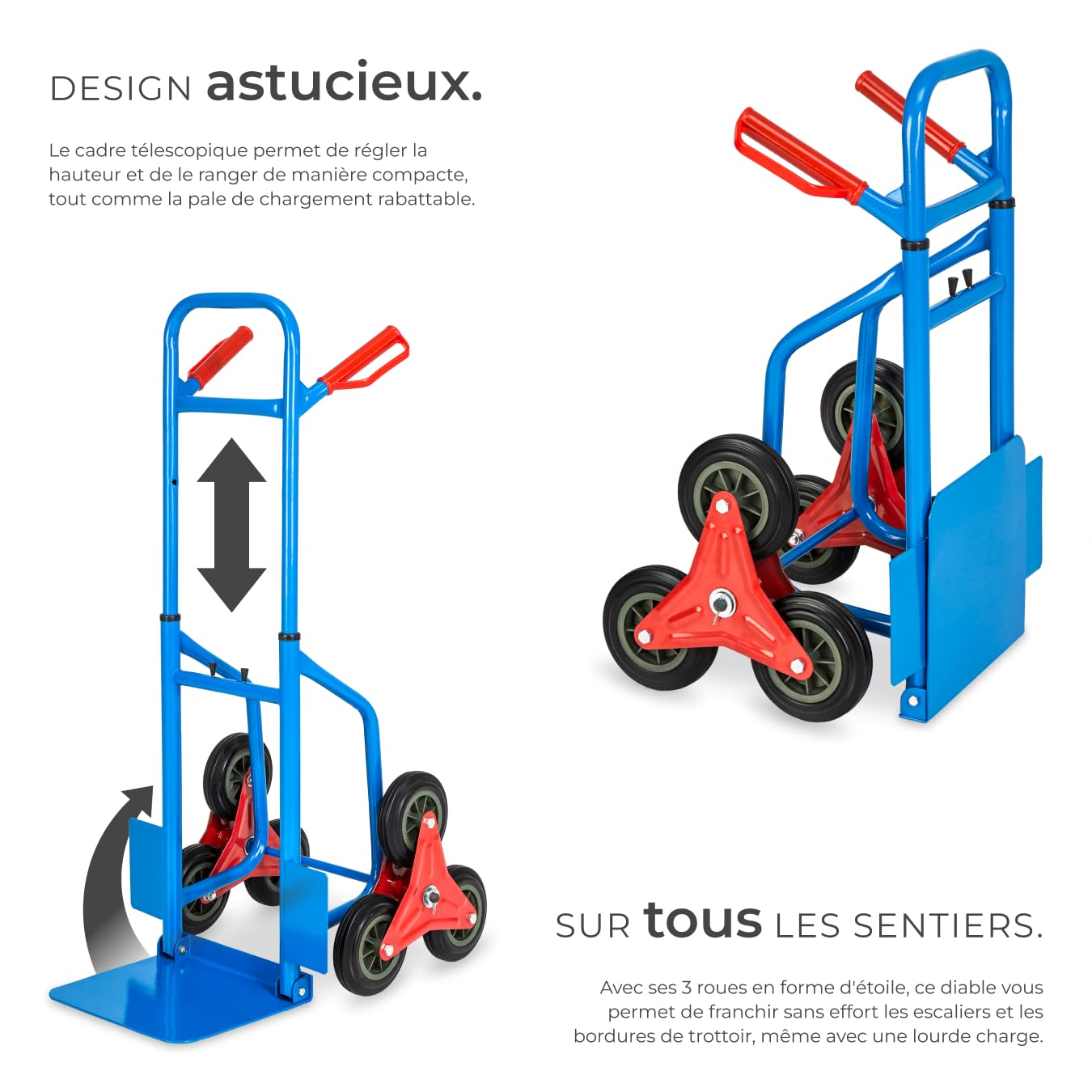 tectake® Diable demenagement Chariot de Transport avec Capacité de Chargement Max. 200 kg, 6 Roues, Diable escalier Kit déménagement, Transport Objets volumineux & Lourds Jardin Bricolage