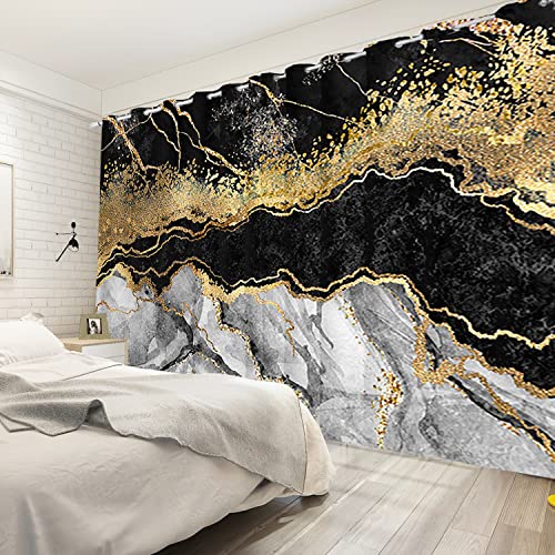 Umpoo Black And Grey Marble Blackout Curtains For Young Man Gothic Style Living Room Decoration Abstract Golden Stripe Window Drapes Treatment Fabric Set Of 2 Panels, 42X84 Inch #TOP2