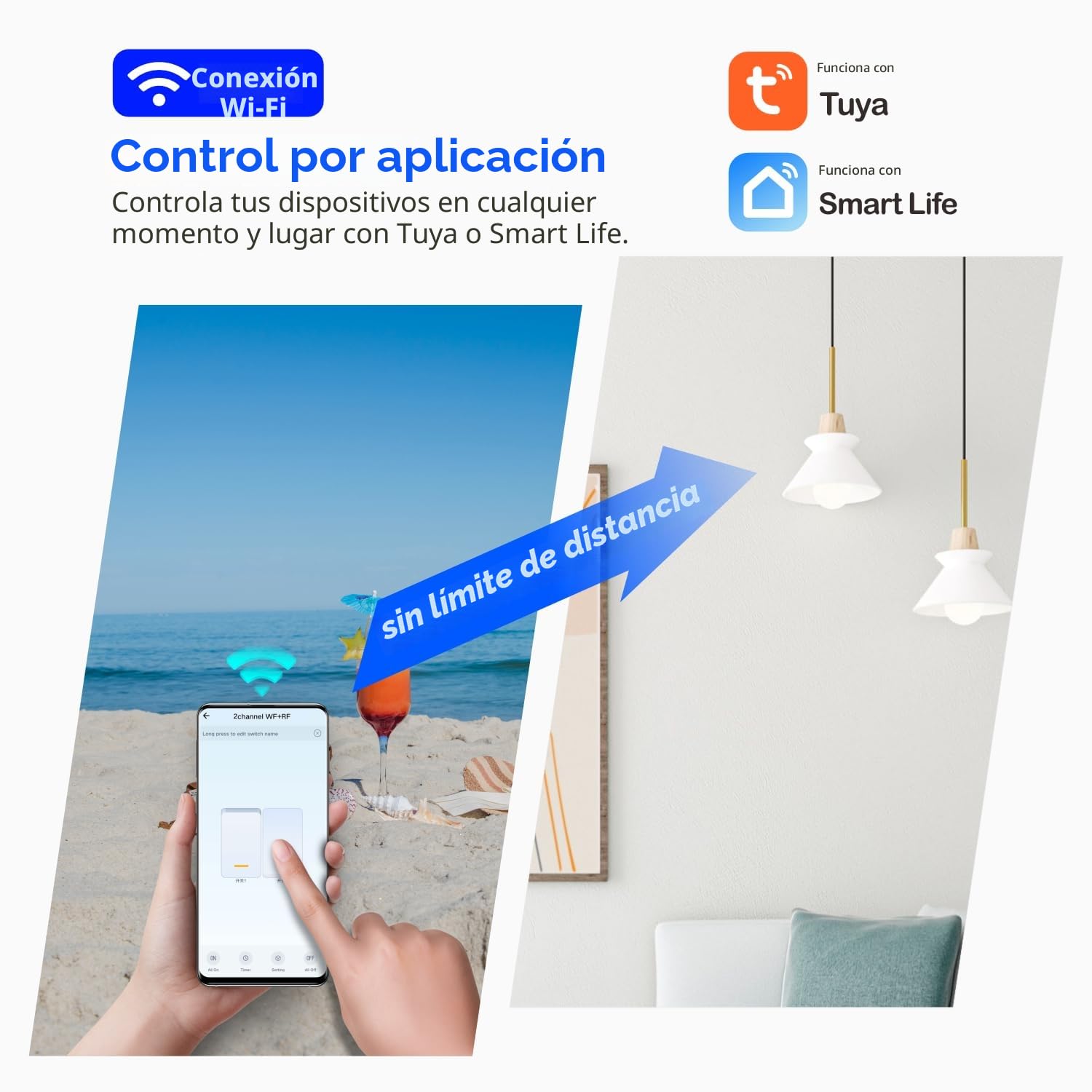 DieseRC Tuya Interruptor Inteligente WIFI de 2 Canales, Módulo Relé de Salida Pasiva AC 90V-250V 220V, con 2x Mando a Distancia RF, Compatible con Alexa/Google Home