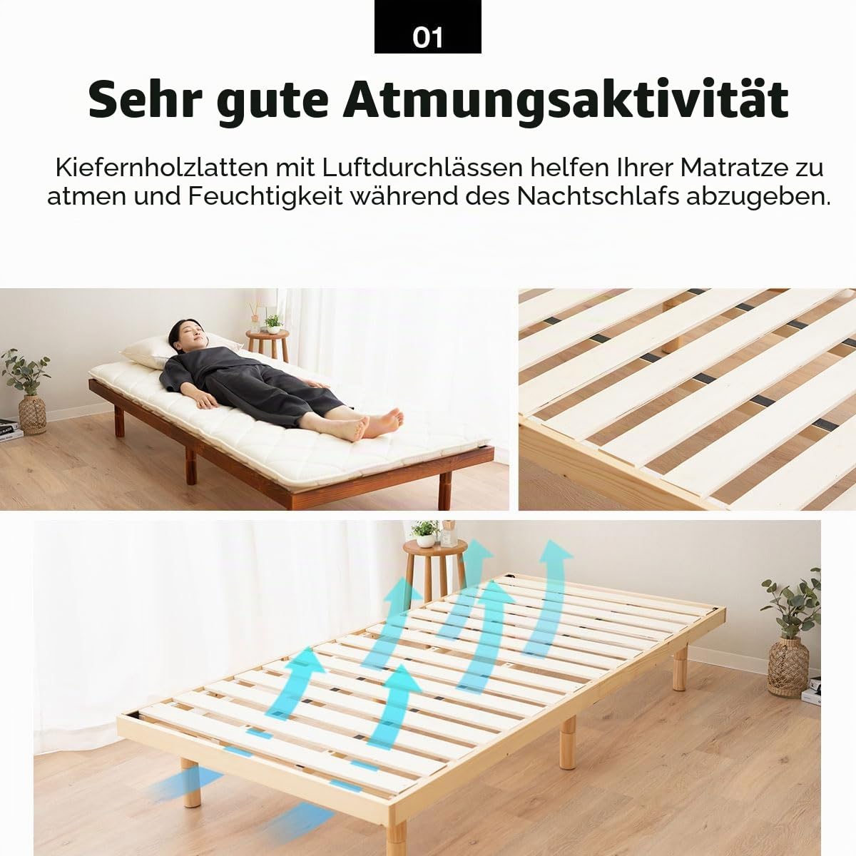 EMOOR Holzlatten-Bettgestell Fuji 98 x 200 cm für japanische Futon-Matratze (Natur-Braun), Höhenverstellbar (6/18/30 cm) Tatami-Matte
