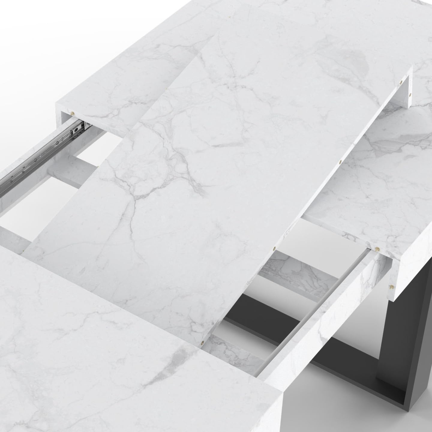 IDMarket Phoenix - Mesa de comedor extensible rectangular para 4-8 personas, bandeja de efecto mármol, blanco Alaska 160-200 cm