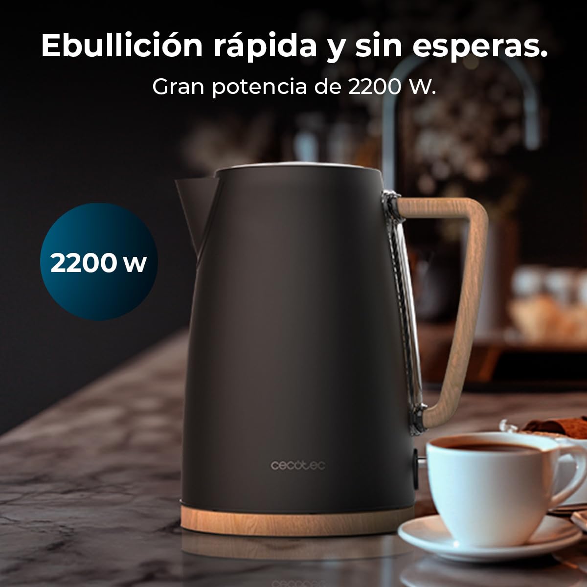 Cecotec Hervidor de Agua Eléctrico ThermoSense 200 Woody, 1,7 Litros, 2200 W, Fabricado en Acero inoxidable, Diseño elegante, Base con giro 360º, Filtro antical desmontable y lavable