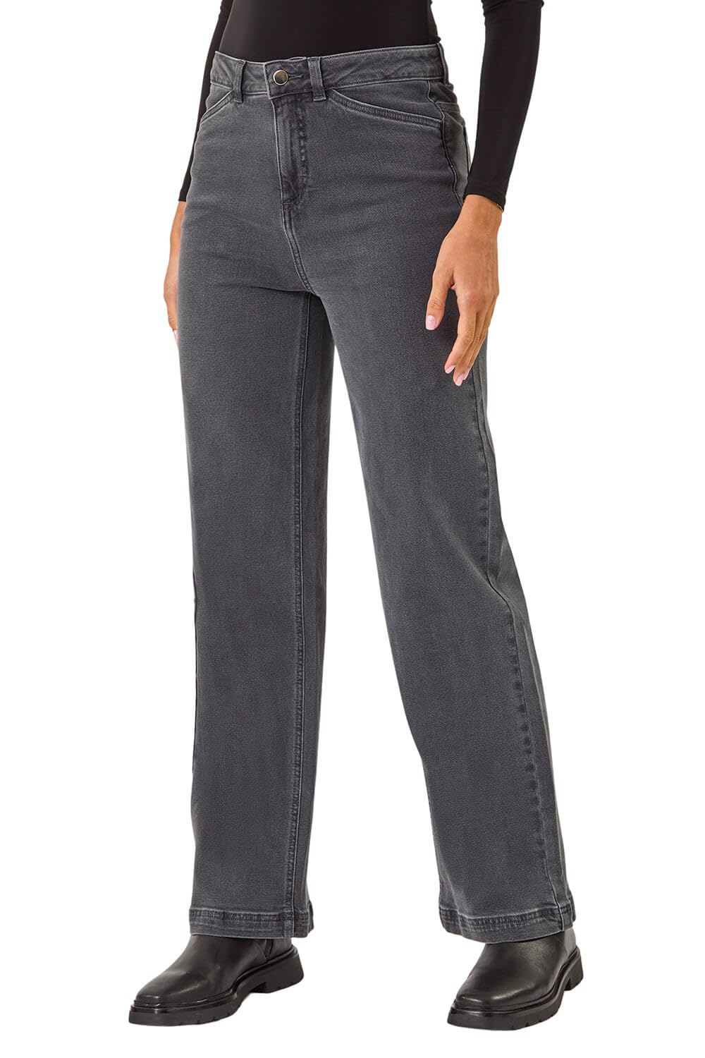 Roman Originals Wide Leg Jeans for Women UK Ladies Denim Trousers Palazzo Pants Jeggings Stretchy Cotton Summer Winter Autumn Spring Smart Office Work Party Flattering Bottoms - Charcoal - Size 10