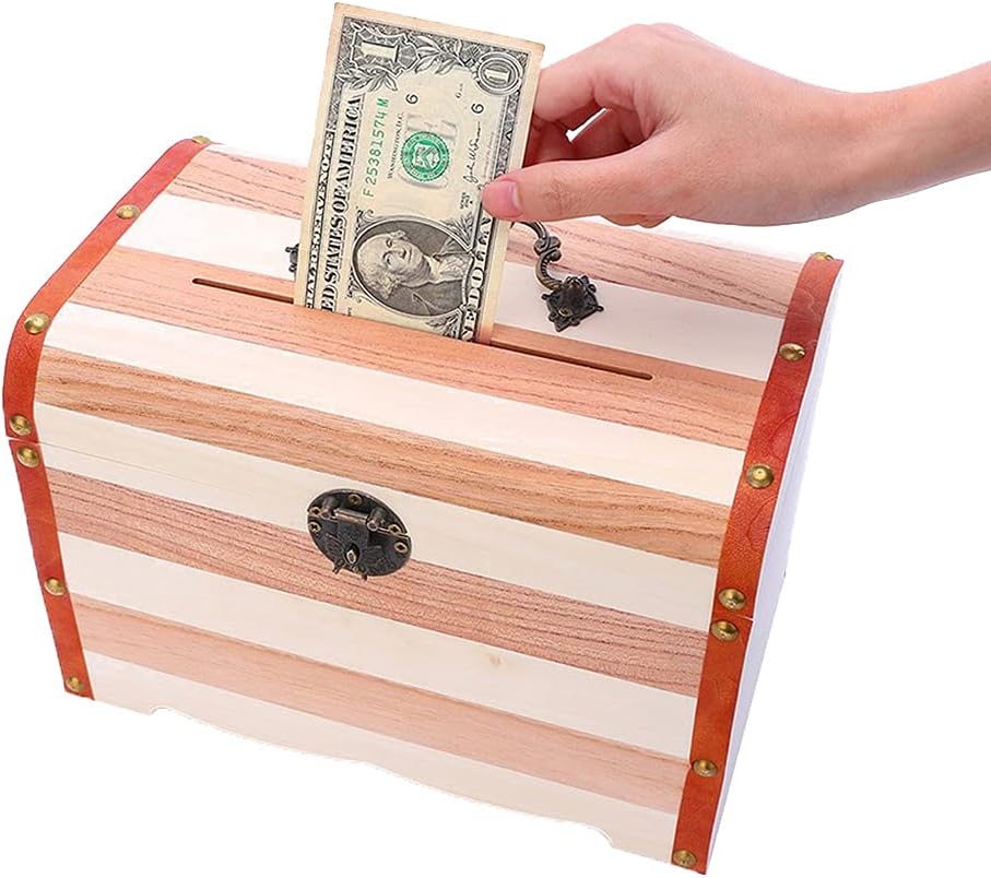 Willcomes Wooden Money Storage Box Treasure Chest Piggy Bank Handmade Jewelry Organizer with Lock and Two Keys