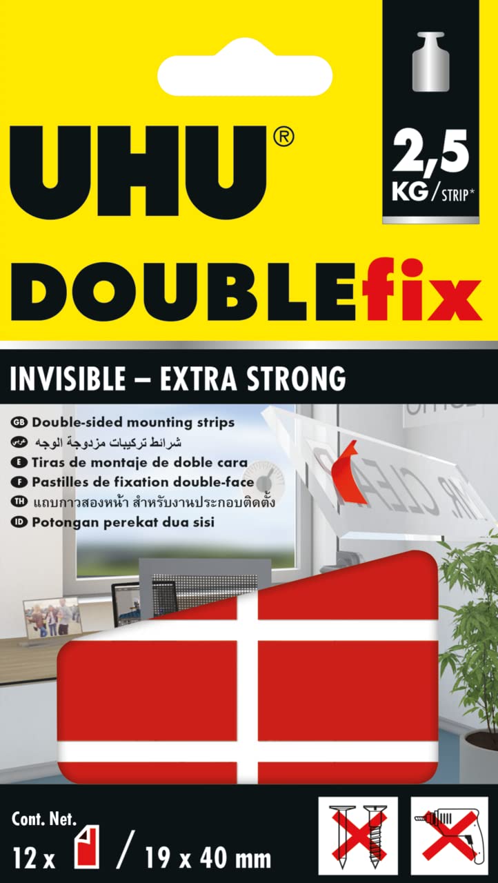 UHUDoublefix Invisible Double Sided Mounting Tape Strips, 12 Strips Of 19 Mm X 40 Mm Each, Transparent
