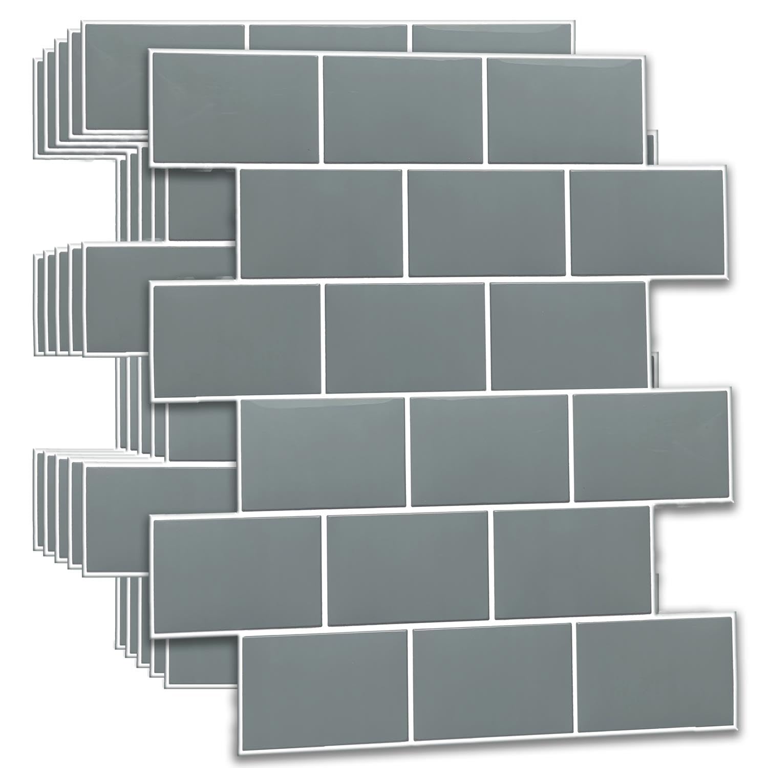 WALPLUS 20 Sheets Glossy Peel and Stick Kitchen Backsplash Tile Stickers Self Adhesive Stick on Subway Tile 12" x 6" Bathroom Splashback Water Heat Resistant 3D Wall Tiles Gray Metro Subway