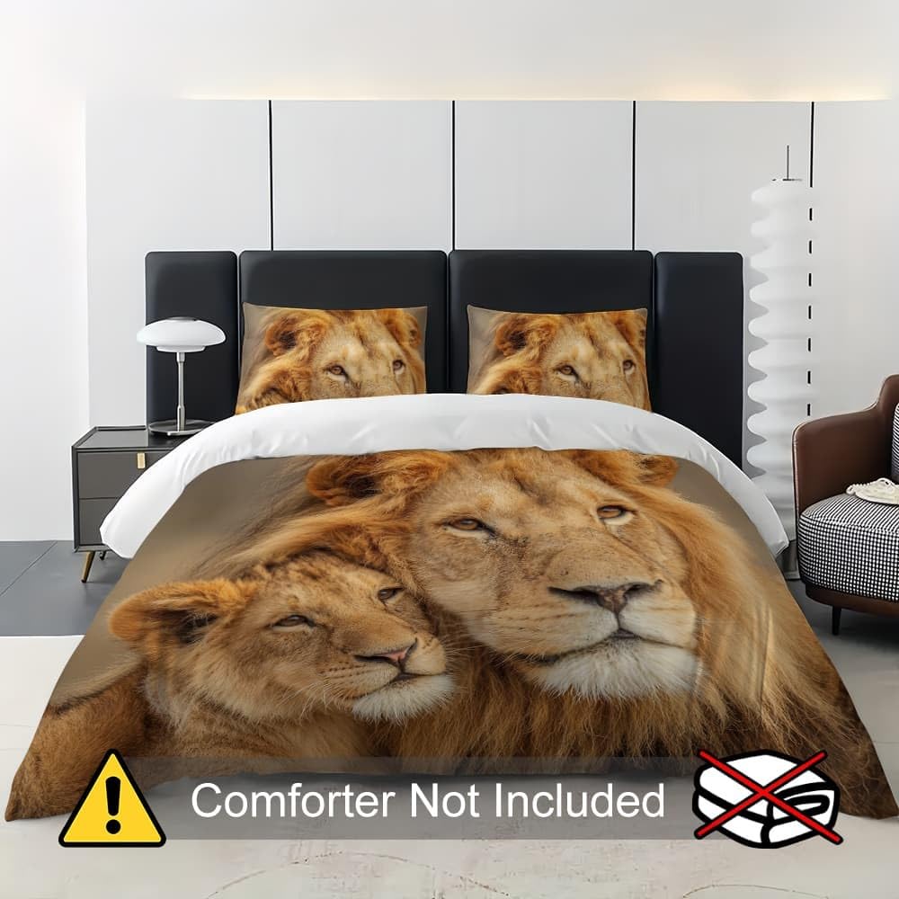 Primo Piano Del Leone Animale Copripiumino 2 Persona con Cerniera 250x200 cm Marrone Set Biancheria da Letto in Microfibra, Lavabile in Lavatrice, per Bambini, Adolescenti e Adulti