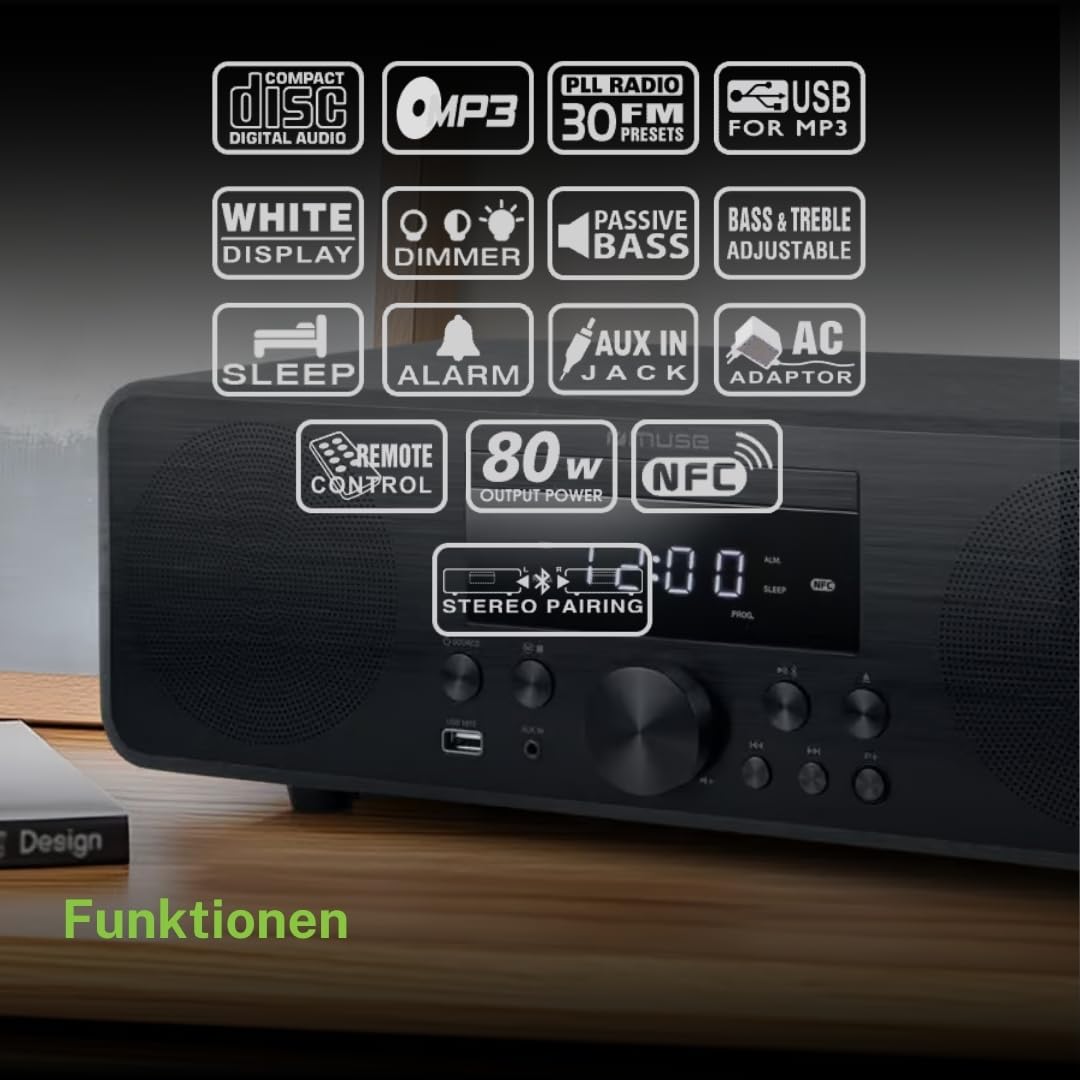 M-880 FBC Micro système Bluetooth avec CD, FM et USB | Chaîne stéréo 80 W au Design Bois avec NFC et Fonction réveil