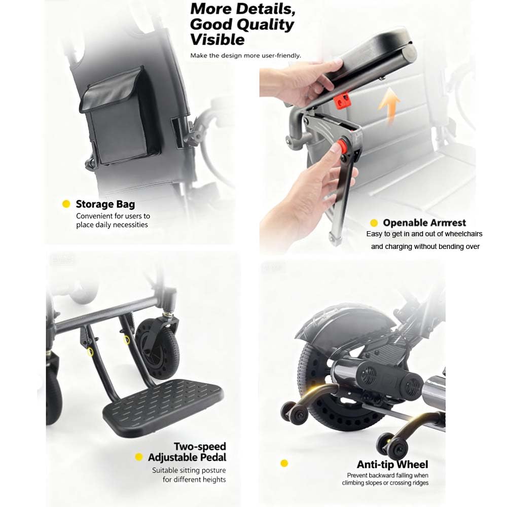 Sedia a rotelle elettrica da 38 libbre per adulti, motori brushless da 360 W, sedia a rotelle elettrica pieghevole leggera con doppia batteria (10 AH + 10 AH), sedia da viaggio portatile