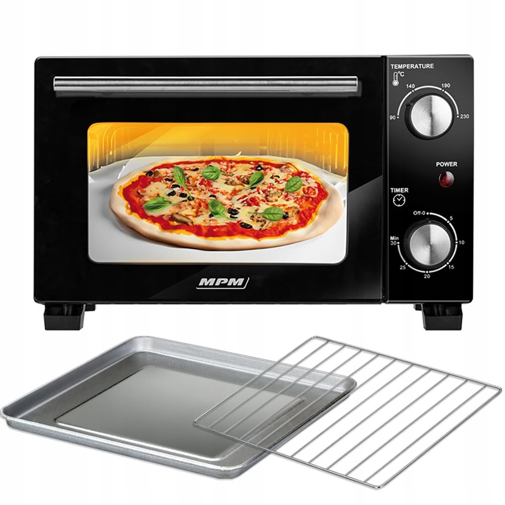 MPM MPE-13 Mini four autoportant, 10 l, avec chaleur voûte/inférieure, avec plaque de cuisson et grille, réglage de la température sur 4 niveaux de 90 à 230 °C, avec bouton rotatif, petit format, noir