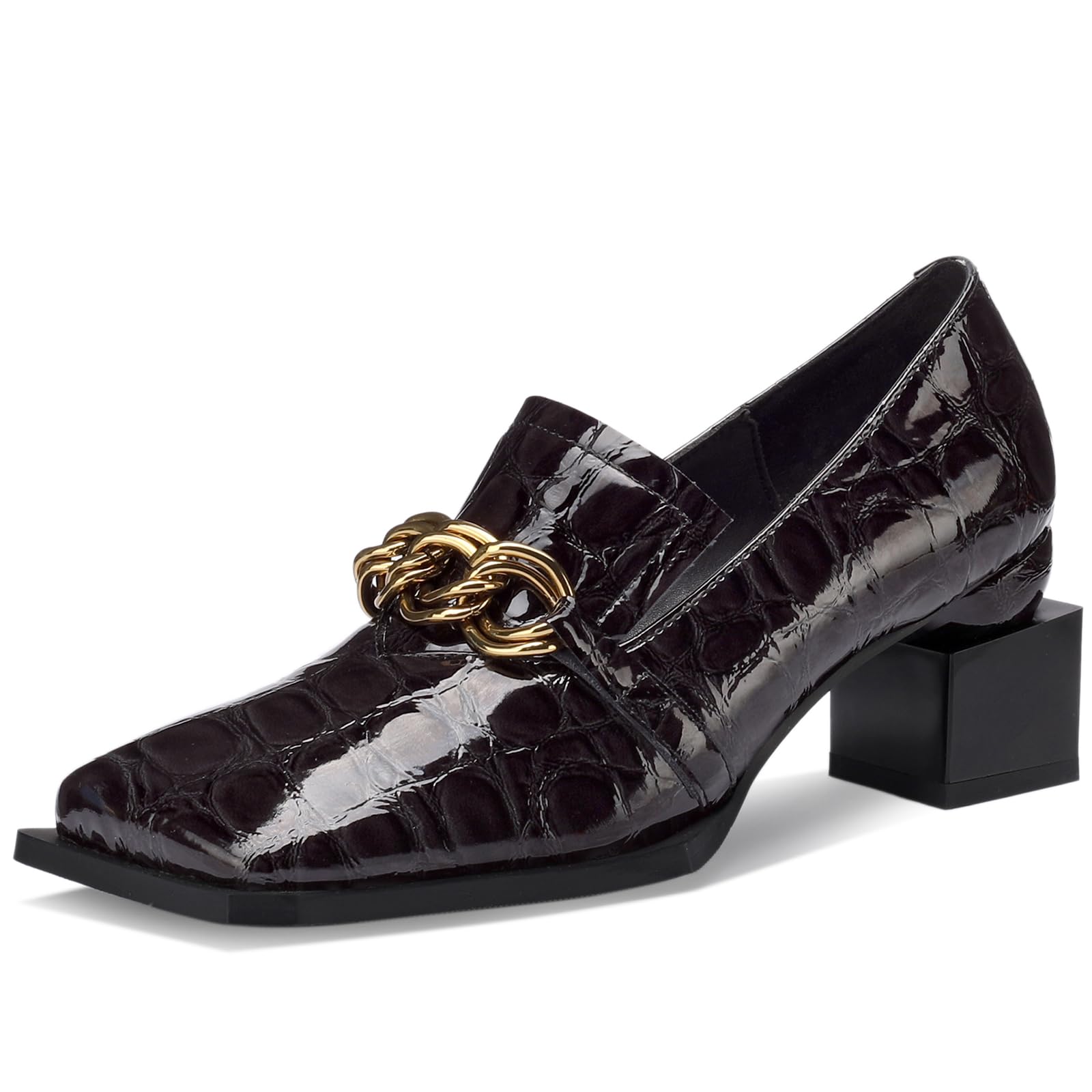 TDD Loafers for Women Patent Leather Buckle Square Toe Chunky Block Dress Slip On Wide Casual Comfortable Dressy High Heels Ladies Comfort Moccasins