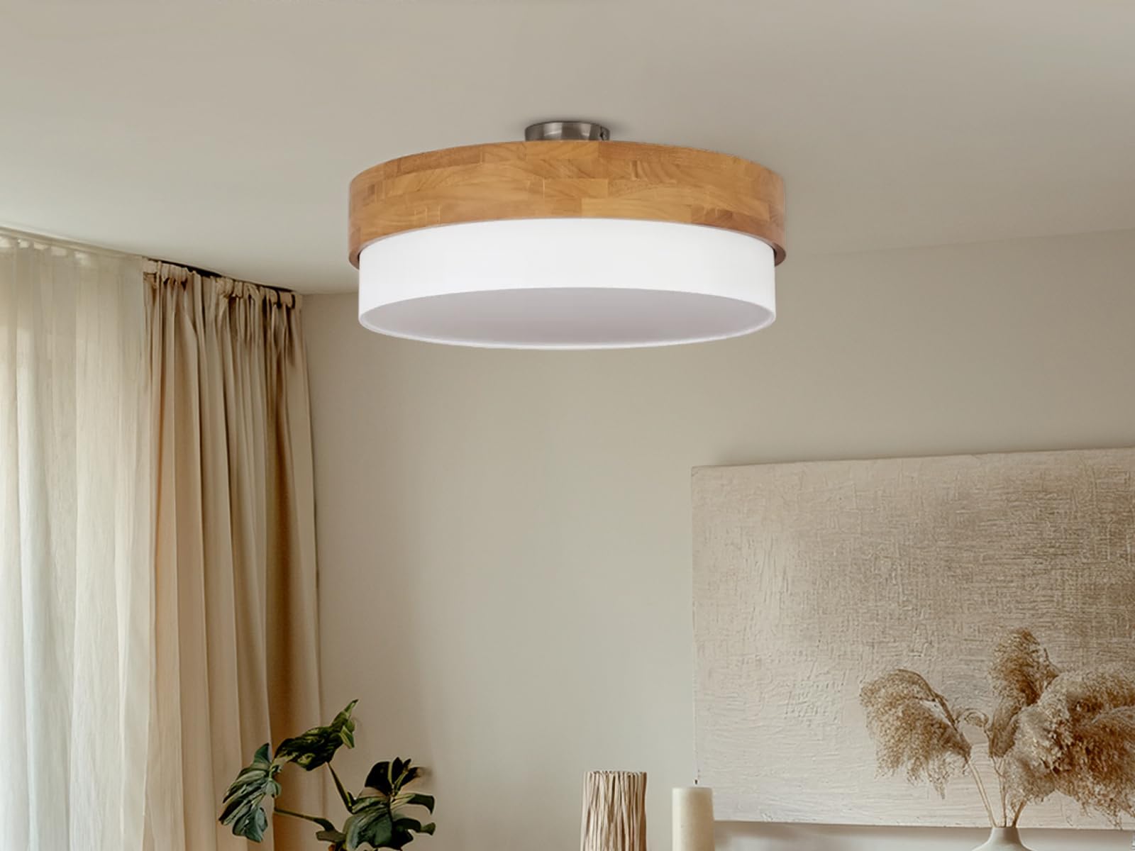meineWunschleuchte Deckenleuchte Ø 50cm groß aus Holz mit Stoffschirm Weiß, Holzlampe Decke rund skandinavisch Landhausstil Deckenlampe Wohnzimmer Schlafzimmer