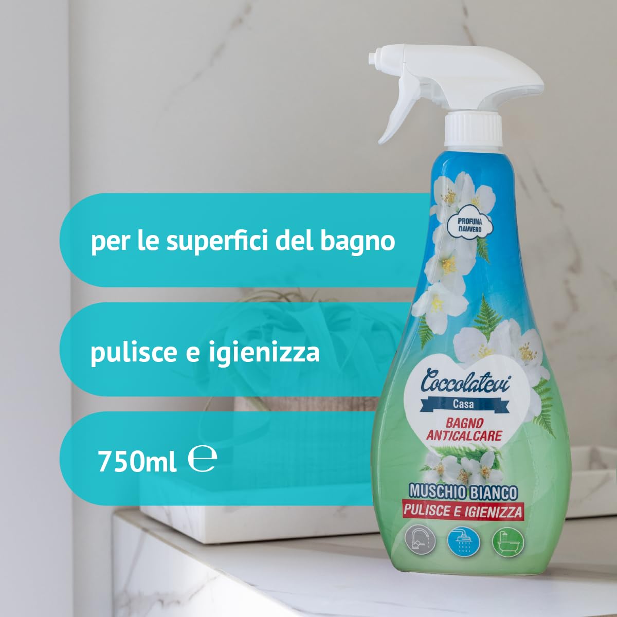 COCCOLATEVI Spray Anticalcare Bagno Muschio Bianco 750 ml x 3, Detergente Bagno Super Profumante, Rimuove Calcare e Residui di Sapone, Lucida e Protegge, Pulisce e Igienizza
