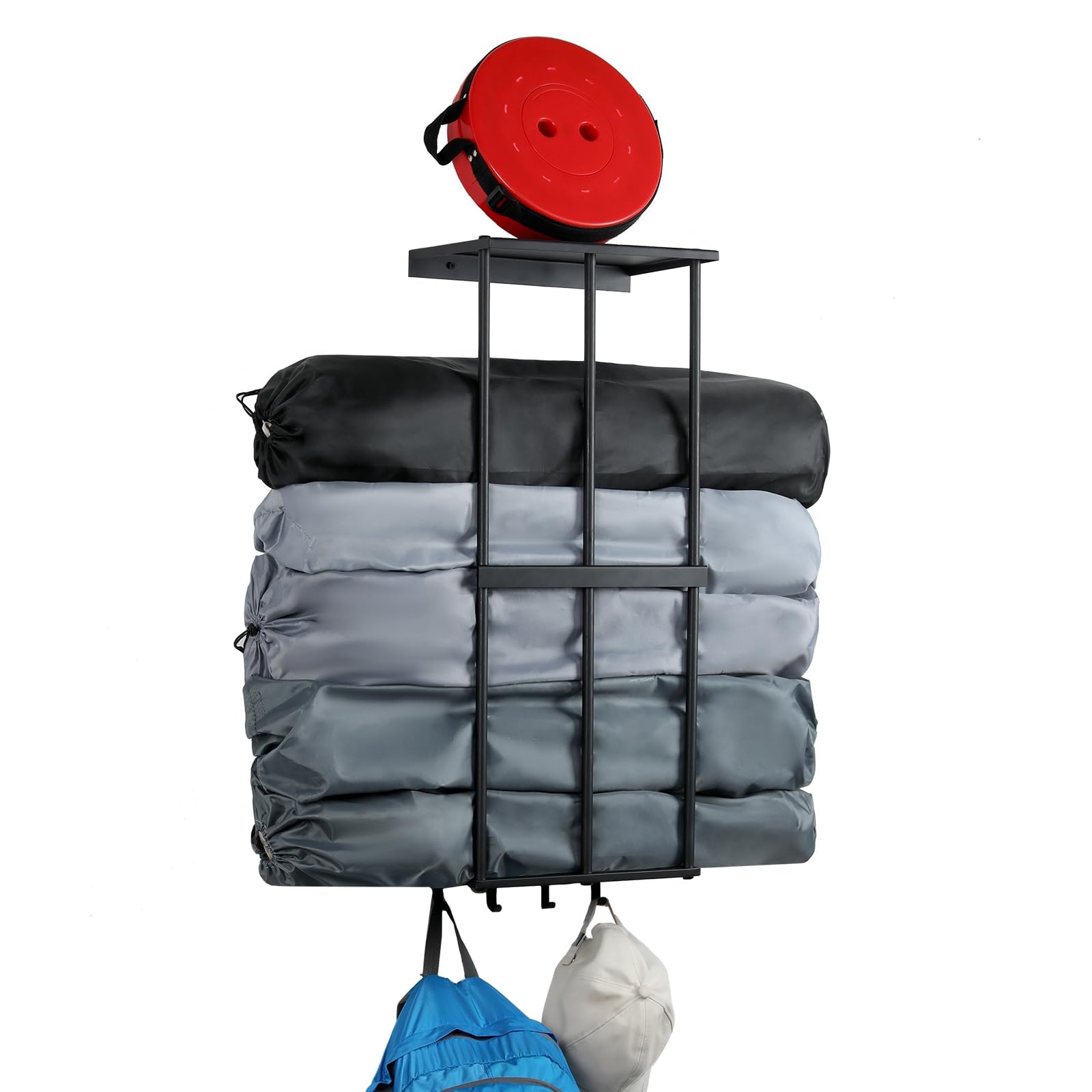 Ansonation Camping Chair Rack for Garage Storage, Metal Camping Beach Chair Umbrella Holder Wall Mounted Rack Organizer Floating Shelf with 4 Hooks for Garage Organization