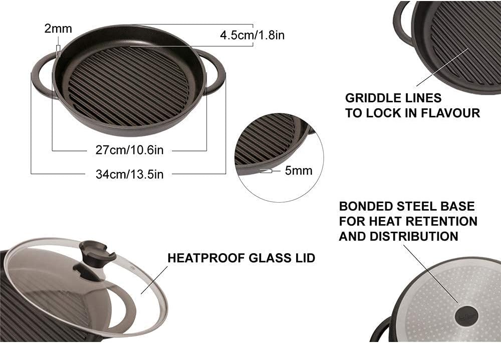 Jean Patrique The Whatever Pan - Cast Aluminium Griddle Pan with Glass Lid | 10.6" Diameter, Induction Compatible, Non-Stick : Home & Kitchen