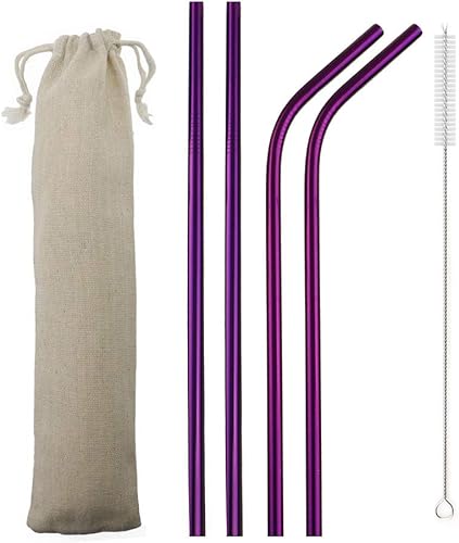 JASHII Pajitas de metal portátiles reutilizables, de acero inoxidable, ecológicas, con bolsa de tela de viaje (2 dobladas, 2 rectas, 1 cepillo),