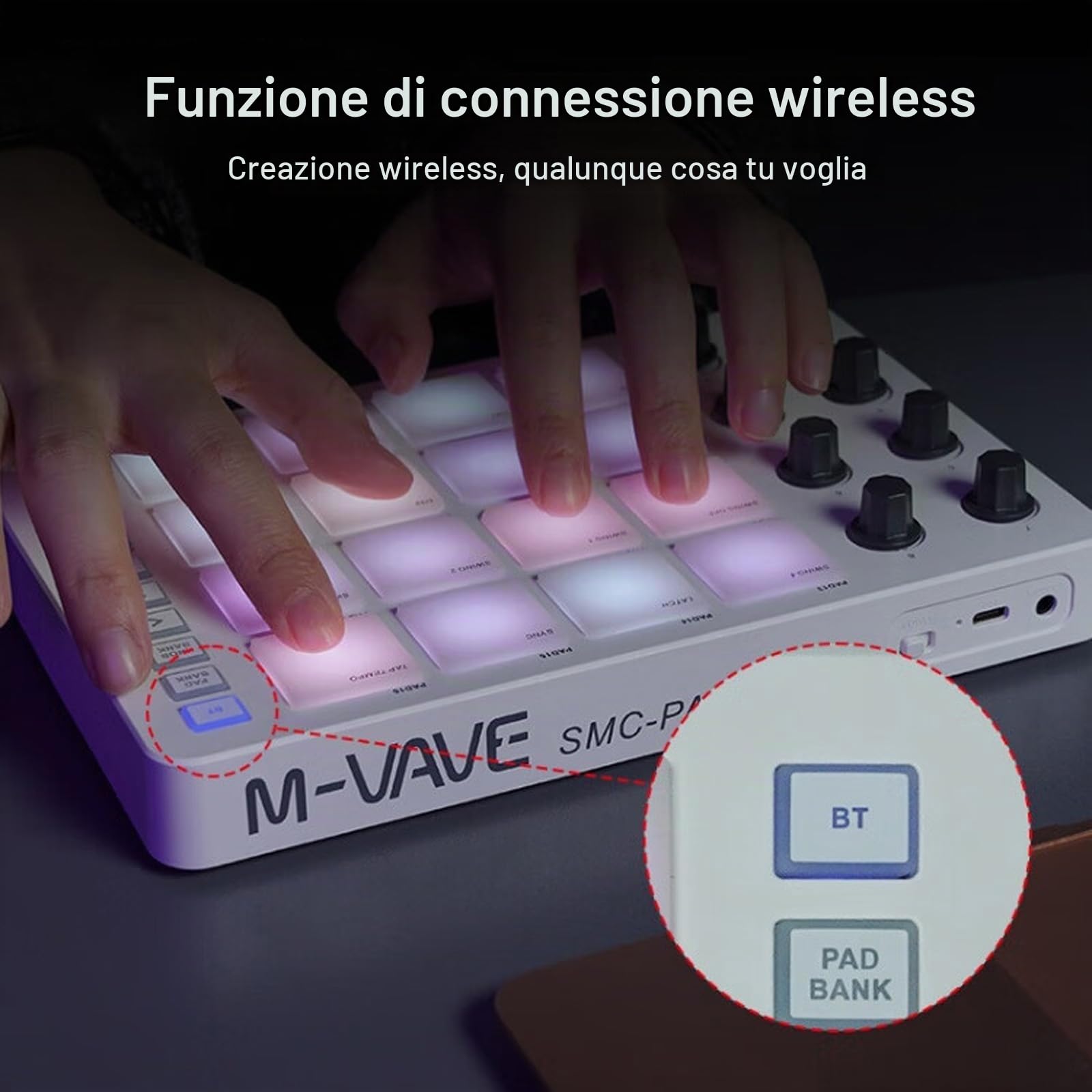 Btuty Controller Professional USB/BT MIDI con 16 pad/8 pulsanti assegnabili/RGB, bassa latenza Drum Pad, tastiera MIDI, Beat Maker (interfaccia di uscita da 3,5 mm)
