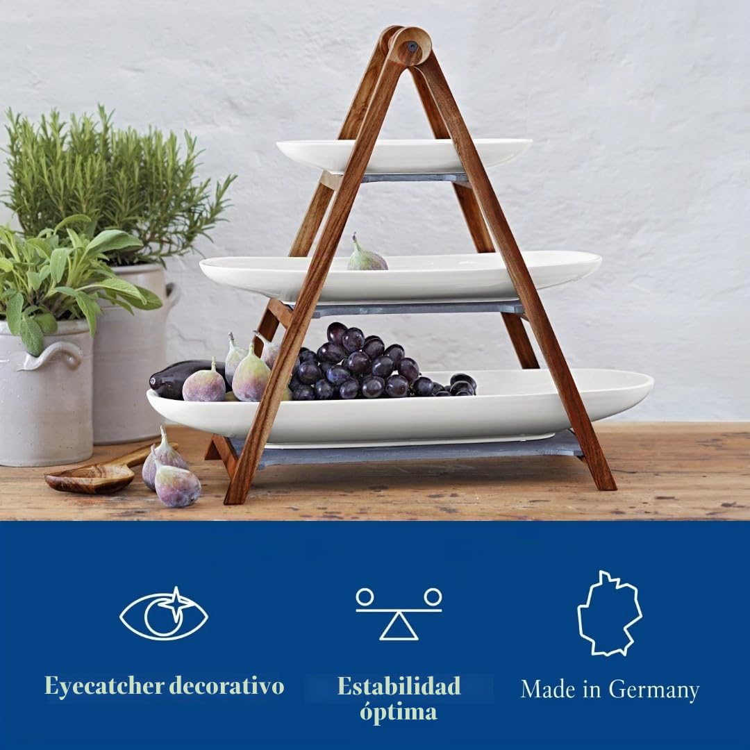 Villeroy & Boch - Artesano Bandeja de Pisos 4 Piezas Blanco, Apto para Lavavajillas, Apto para Microondas, Decoración Casa Moderna, Cerámica Decorativa, Madera de Acacia, Porcelana Premium, Esquisto