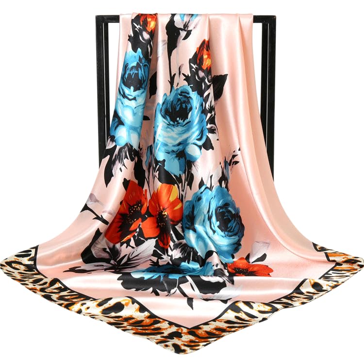 it&C's Imported Satin Silk 90x90 cm (36x36 inch) Large size Big Flower Print Neck Scarf, Head and Hair Wrap For Women, Girls And Ladies