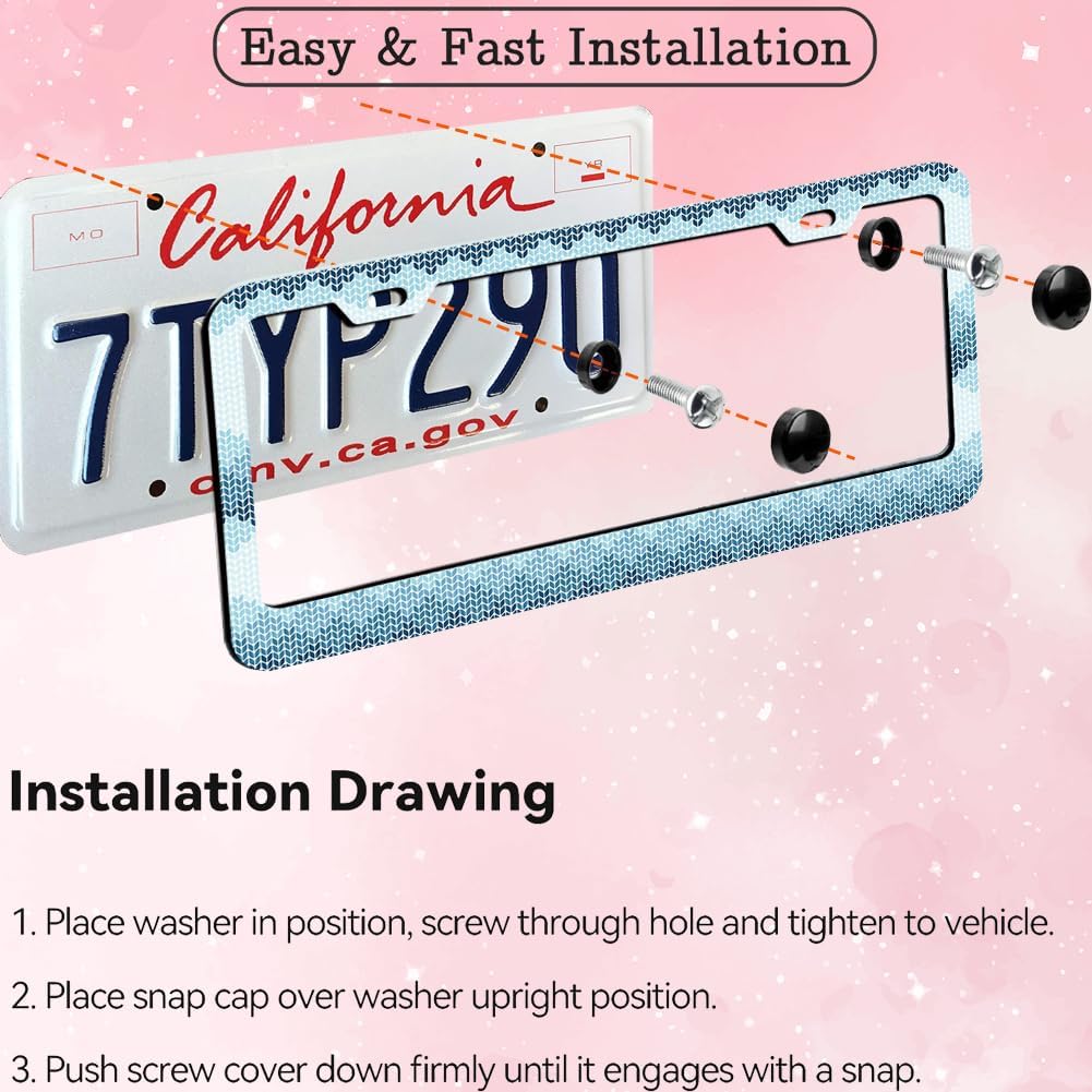 Blue Knit Pattern License Plate Frame Women Men 2Pc Car Tag image 3