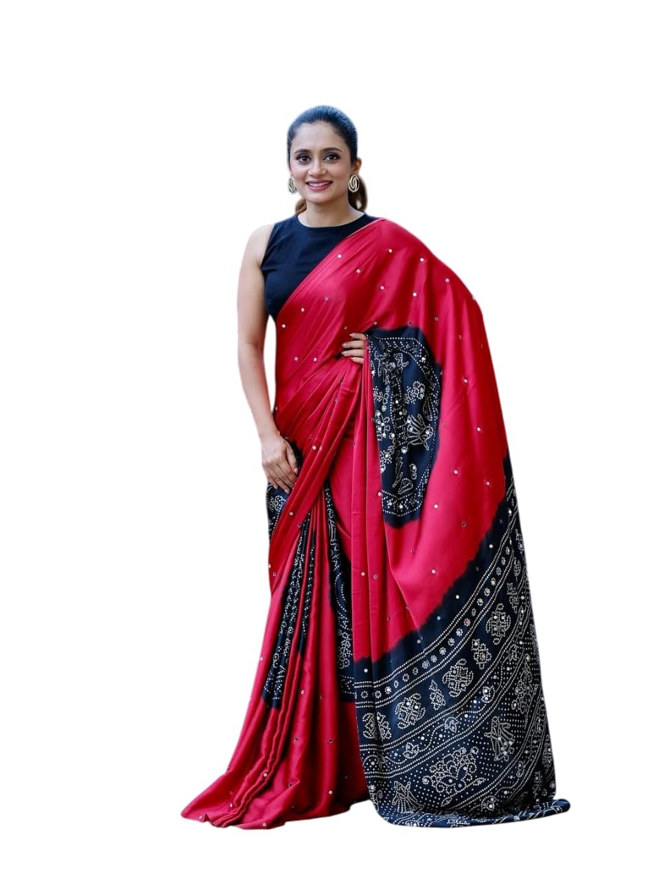 Red and Black Silk Saree with Mirror Work-image-37
