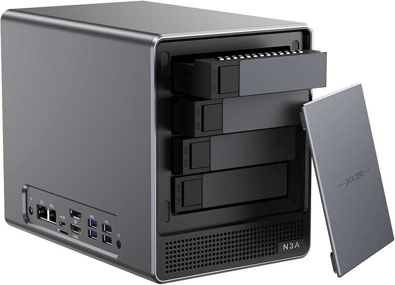 ACEMAGIC NAS N3A Almacenamiento adjunto en red de escritorio de 4 bahías Centro de respaldo para el hogar y la oficina, protección de datos, hasta 136 TB NAS 4 × HDD + 2 × ranuras M.2, LAN dual 2.5G + 1G, 8 GB DDR4, SSD PCIe3.0 de 128 GB, sin disco