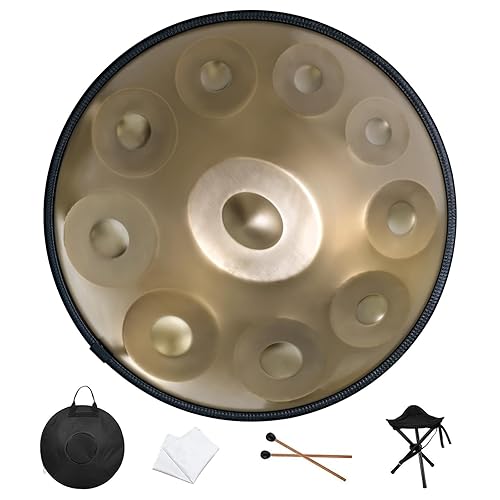 Handpan Drum 22 Inches D Minor Kurd, 432Hz 10 Notes Hand Drum Instrument, Premium Steel Drum, Handpan Instrument for Adults (Gold) - 22inch - Gold