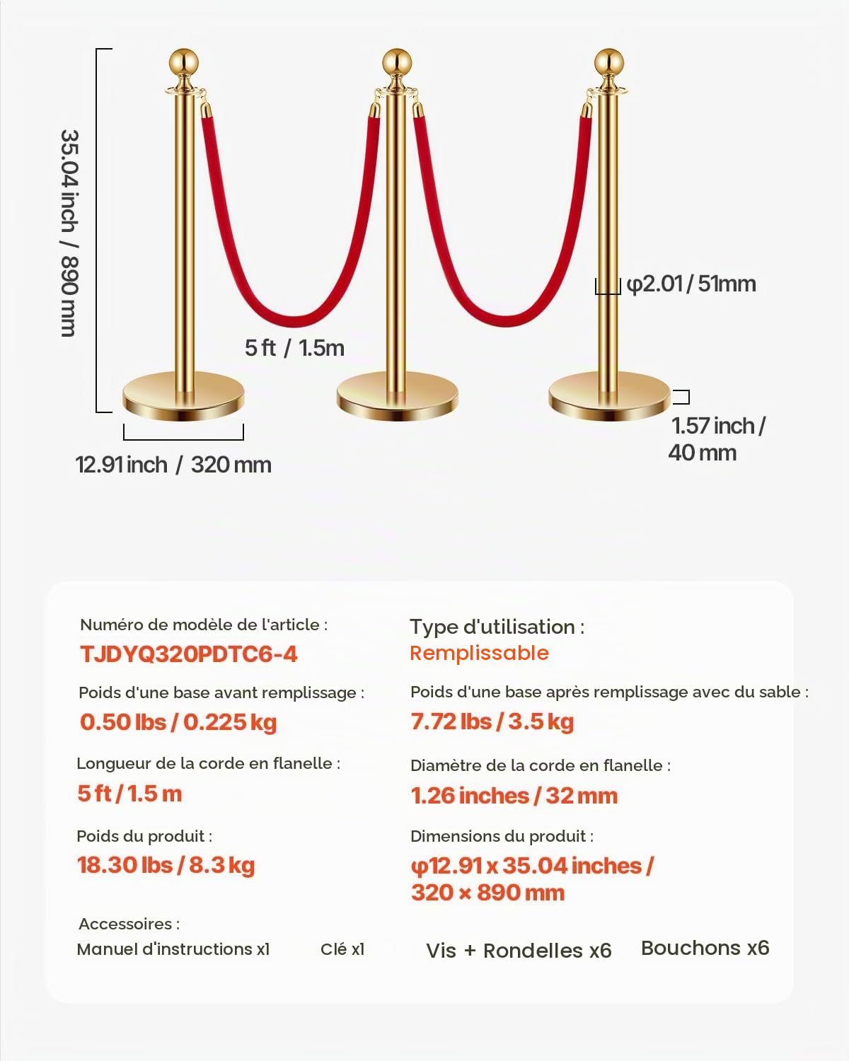VEVOR Poteau de guidage, 6 pcs, barrière de balisage pour contrôle de foules, avec base creuse, 4 cordes velours rouge et poteaux dorés en acier inoxydable, pour file d'attente en public, hôtel, fête