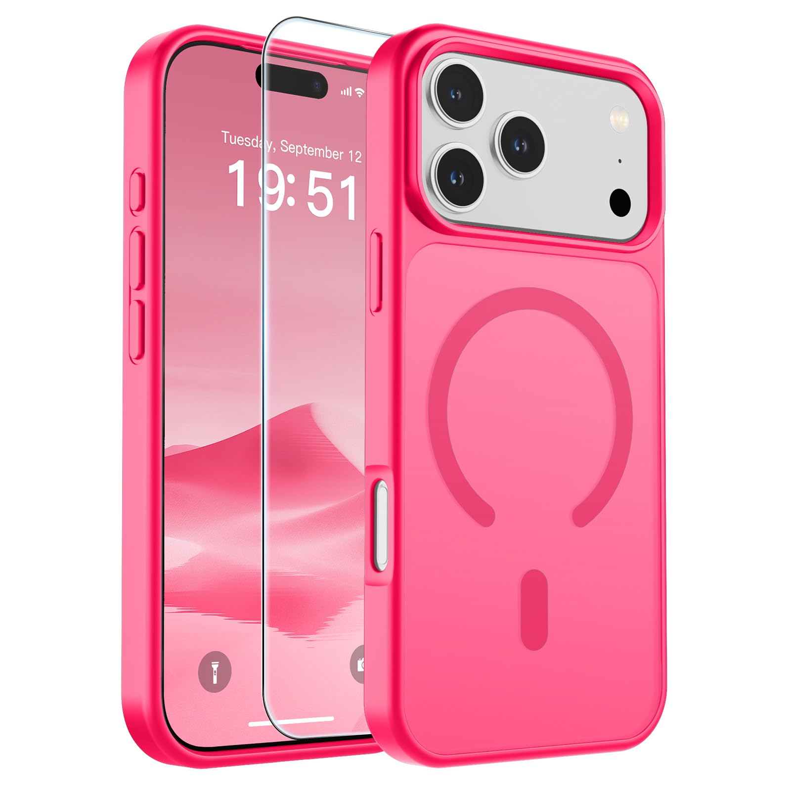 SUPFINE Magnetic for iPhone 17 Pro Max Case with Screen Protector (Compatible with MagSafe)(Military Grade Drop Protection) Translucent Matte Phone Cover,Hot Pink