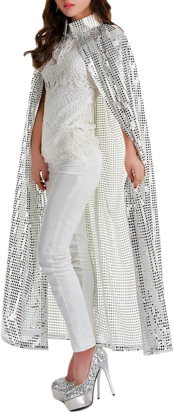 PURFUN Women Shiny Sequins Long Cloak Halloween Witch Costume Robe Christmas Cape - Image 3