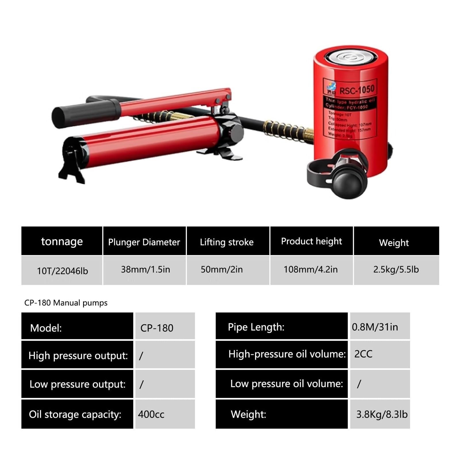 Podnośnik hydrauliczny z skokiem 50 mm, podnośnik cylindryczny o pojemności 50T, pompa ręczna z CP-700, cylinder podnoszący z automatycznym zwijaniem (skok 10T/9,999.9 kg-5.1 cm)