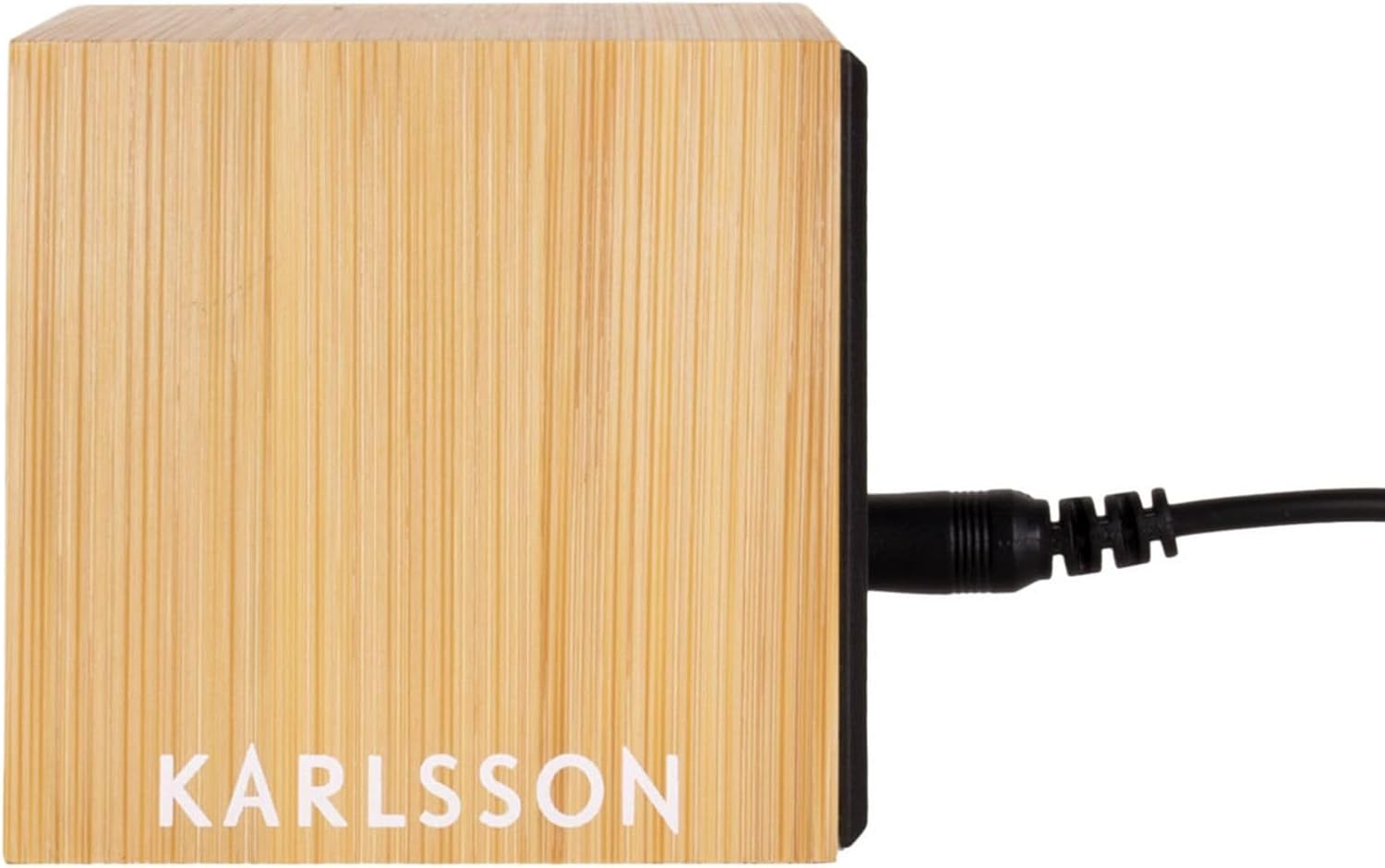 Tilbage view of Karlsson Bamboo Mini Cube Alarm Clock with power input