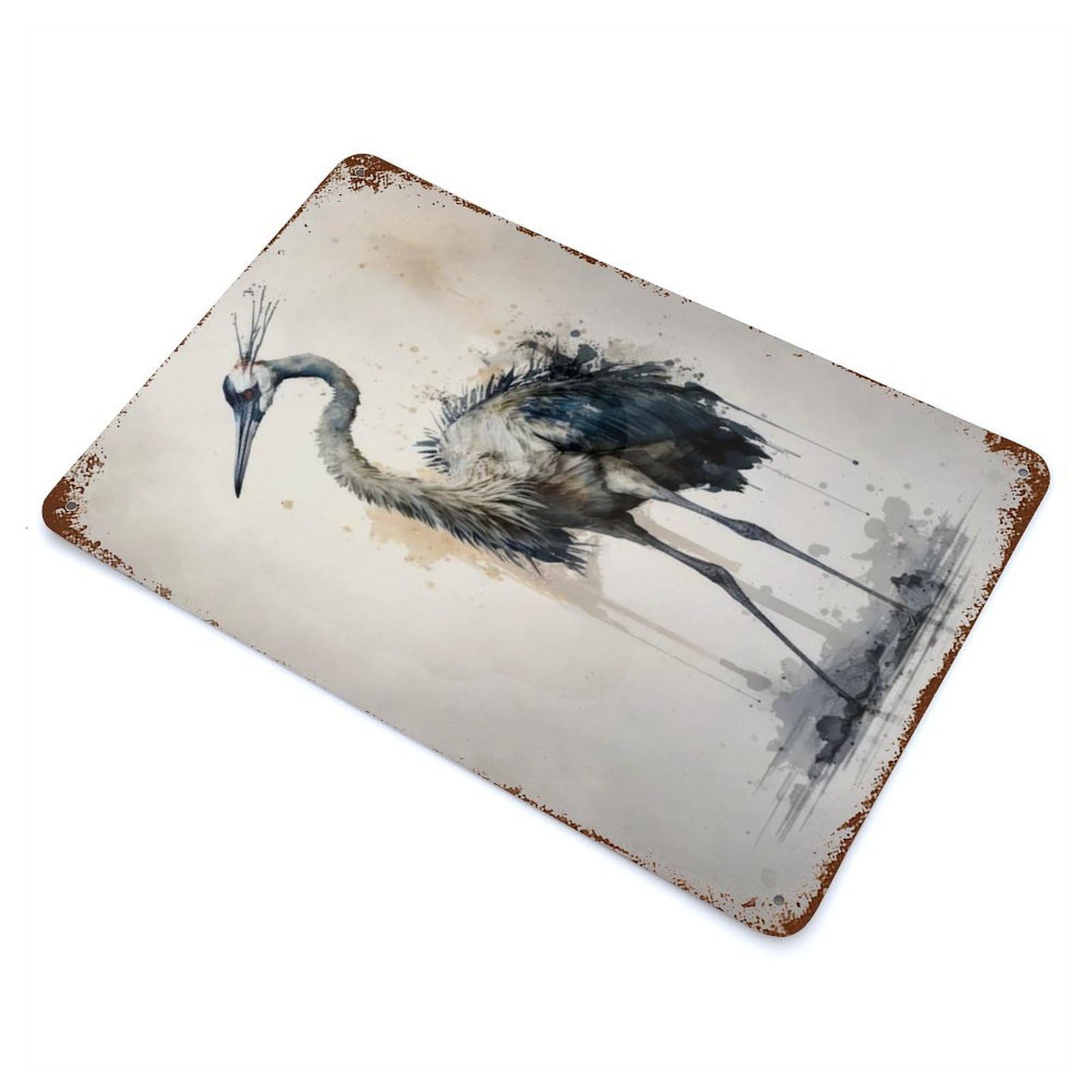 Graceful Crane Watercolor Rust Effect Tin Sign 11.8"x7.9", Ideal for Garage, Bar And Workshop Decor