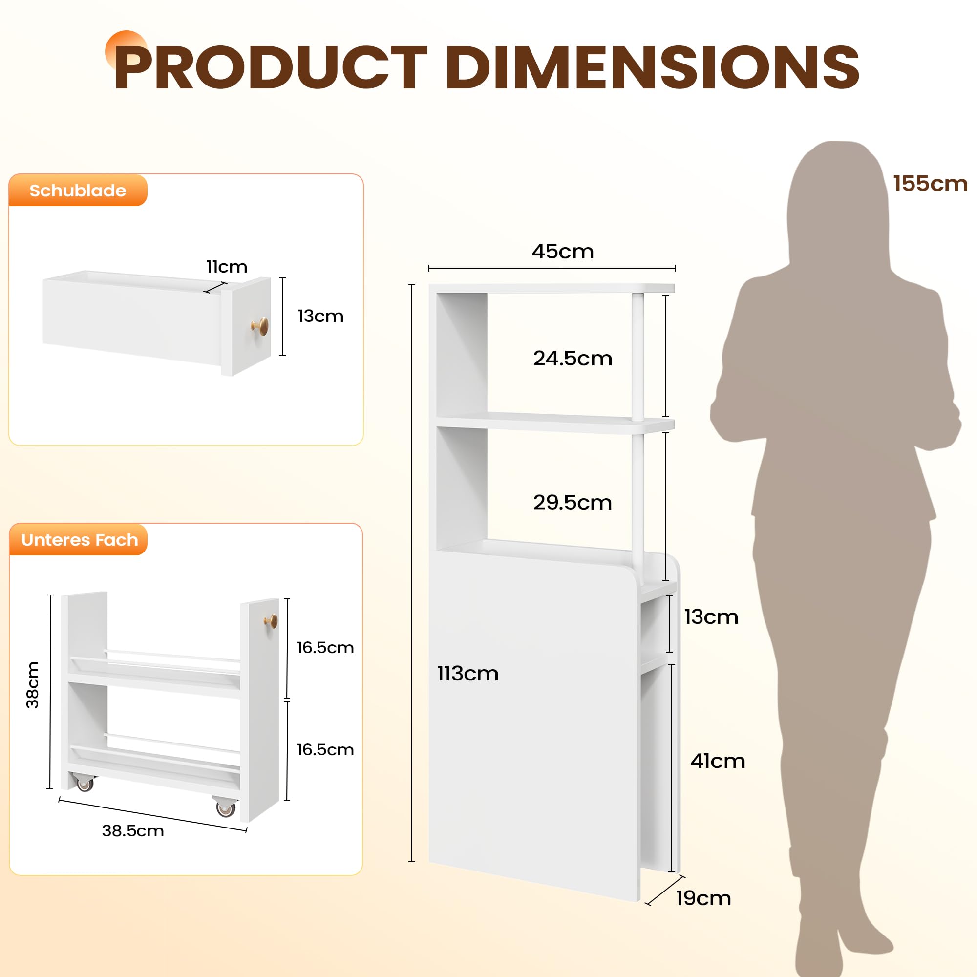 APICIZON Badschrank Schmal, Nischenschrank Badezimmer mit Schublade auf Rollen, 19x45x113 cm Badezimmerschrank mit Offenen Ablagen, Toilettenschrank für WC, Seitenschrank Mehrzweckschrank, Weiß