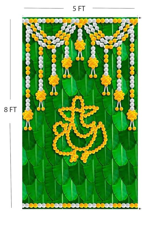 Image of Ganesh Backdrop Curtain Ganesh Backdrop for Decoration Cloth Pooja with Banana Leaves Flowers 5X8 Size