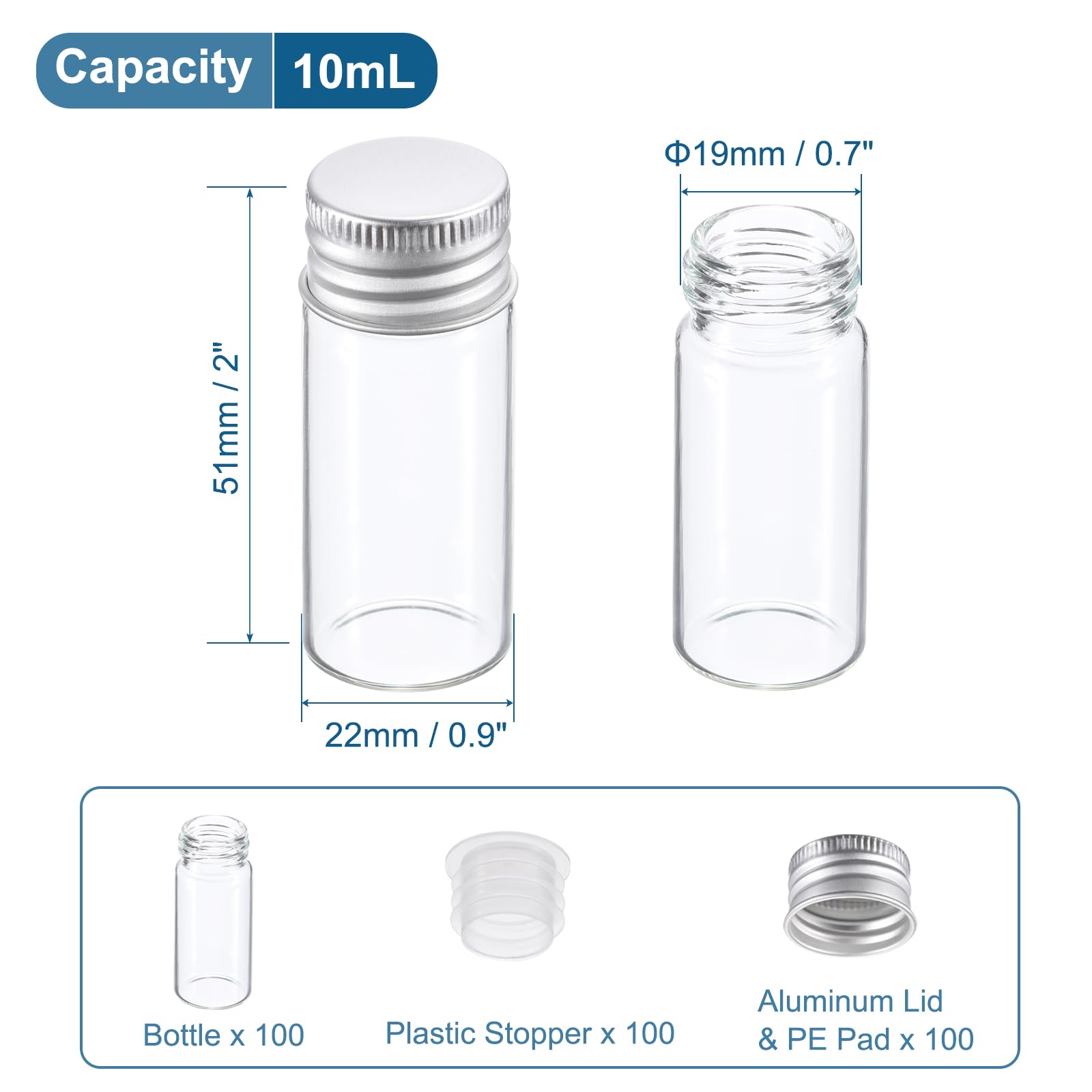 PATIKIL Fiale in vetro trasparente da 10 ml, 100pz Piccola fiala per campioni liquidi con tappi a vite Tappi in plastica Bottiglie a prova di perdite Barattoli vuoti