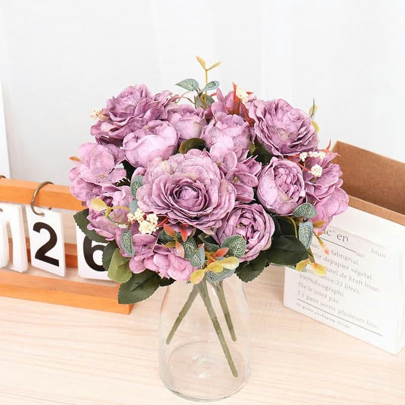 Fiori artificiali autunnali, bouquet da sposa retrò con rose di seta, ortensie, peonie finte, accessori for la decorazione Natale e matrimonio(Purple)