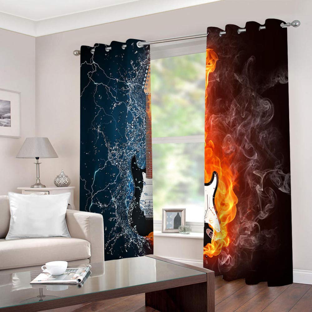 Rideaux Occultants 3D Guitare Et Flammes – Lot De 2 Panneaux 170 X 200 Cm – Tissu Polyester Thermique – Œillets Inclus – Pour Chambre Et Salon