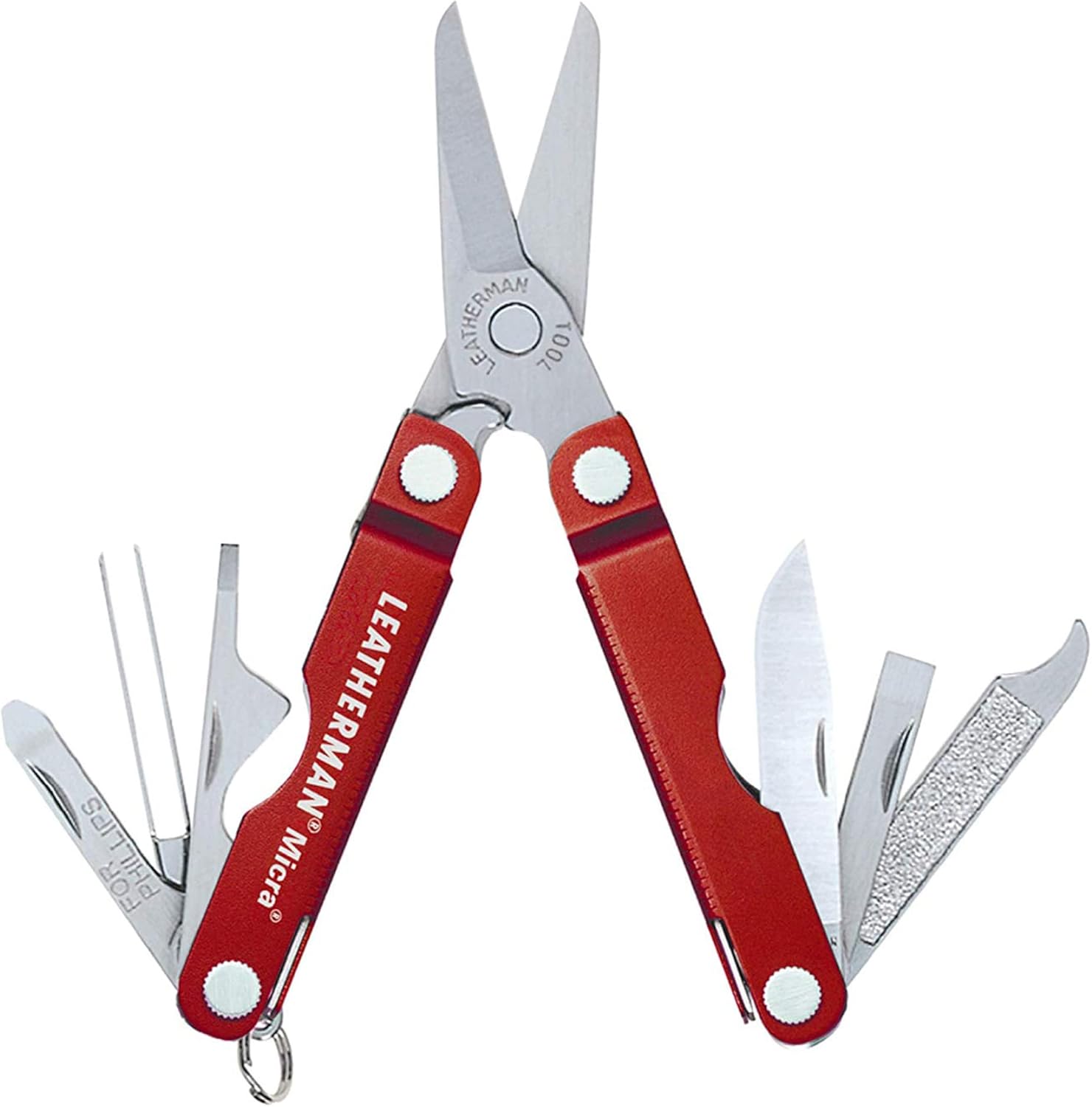 LEATHERMAN, Micra Keychain Multitool with Spring-Action Scissors and Grooming Tools, Stainless Steel, Built in the USA, Red