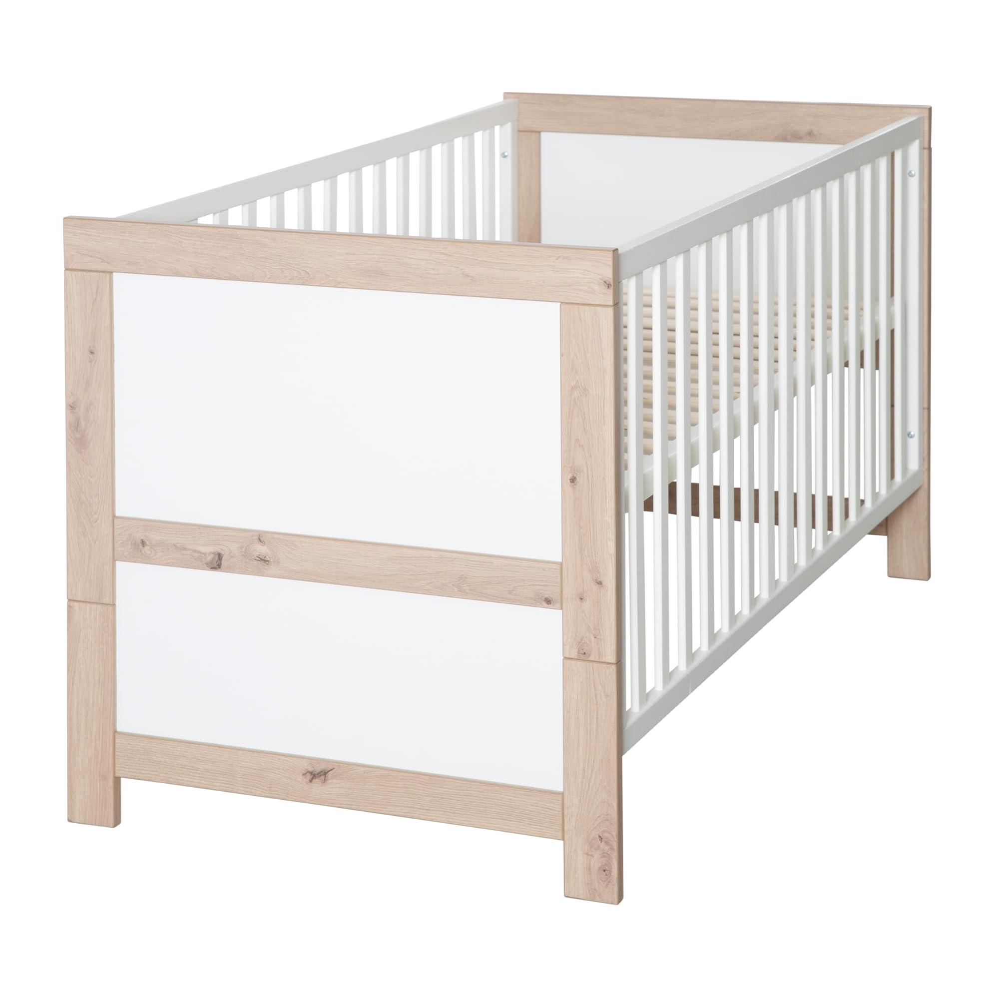 roba Babybett Malo 70 x 140 cm - Mitwachsendes Gitterbett - Höhenverstellbar - Umbaubar zum Juniorbett - Holz weiß lackiert/Dekor Sonoma Eiche