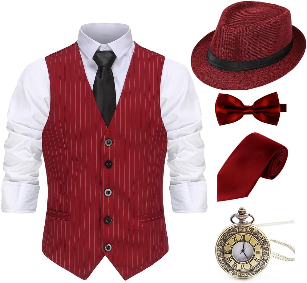 Gionforsy 1920s Mens Costume Gatsby Gangster Costume Accessories Set 20s Panama Hat Suspenders Bow Tie XX-Large Winered Stripe
