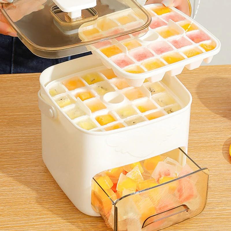 One-Press Ice Cube Maker with Storage Bin, Mini Press-Type Ice Maker 48-Grid Double Layer, Pull-Out Ice Drawer with Portable Handle for Personal Use in Whiskey, Cocktail, Coffee and DIY (White)