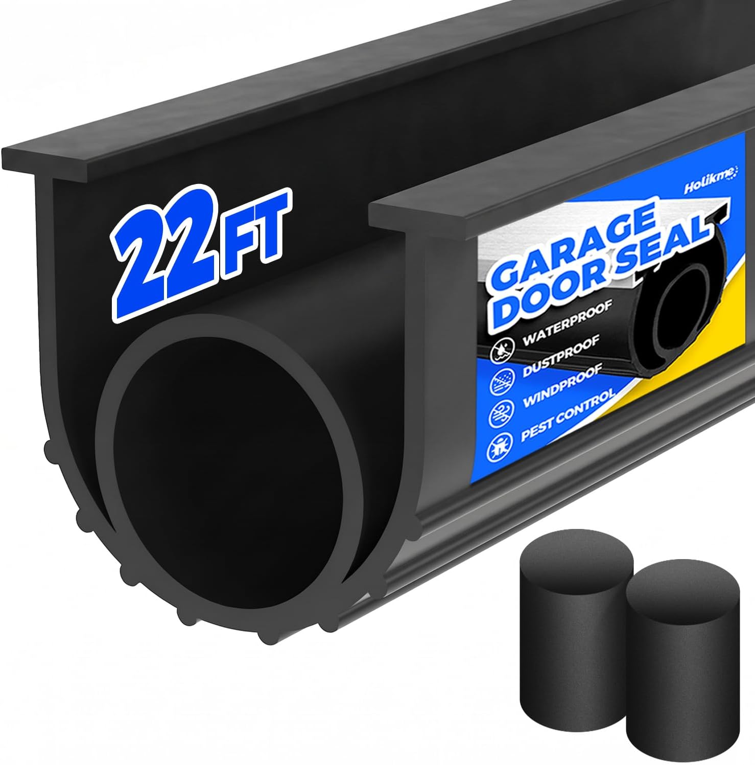 Holikme Garage Door Bottom Seal, EPDM Rubber Weather Stripping 22Ft Black | Fits 5/16" Double T-Track. Blocks Rain, Snow, Drafts, Dust & Debris. Ideal For Threshold Ramps. DIY Garage Door Seal.
