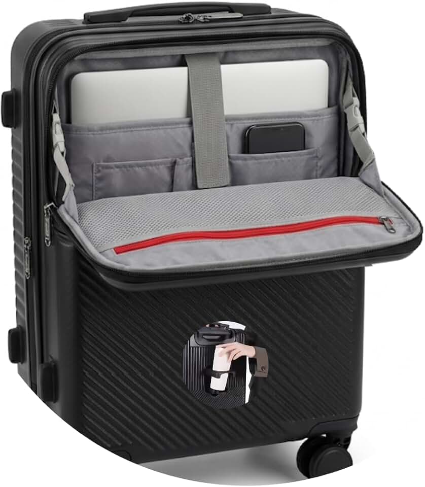 Mala de Bordo 10kg Padrão ANAC Mala de Mão Rígida Rodinhas 360 com Suporte Notebook Entrada USB-C Cadeado TSA e Zíper Expansivo + Presente (Preto)