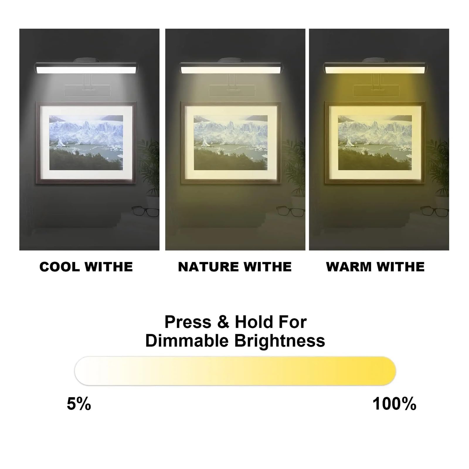 Illuminazione da parete ricaricabile tramite USB senza fili, regolabile tramite telecomando, interruttore a 3 colori, angolo di luminosità, luci for esposizione di quadri artistici Copertura completa