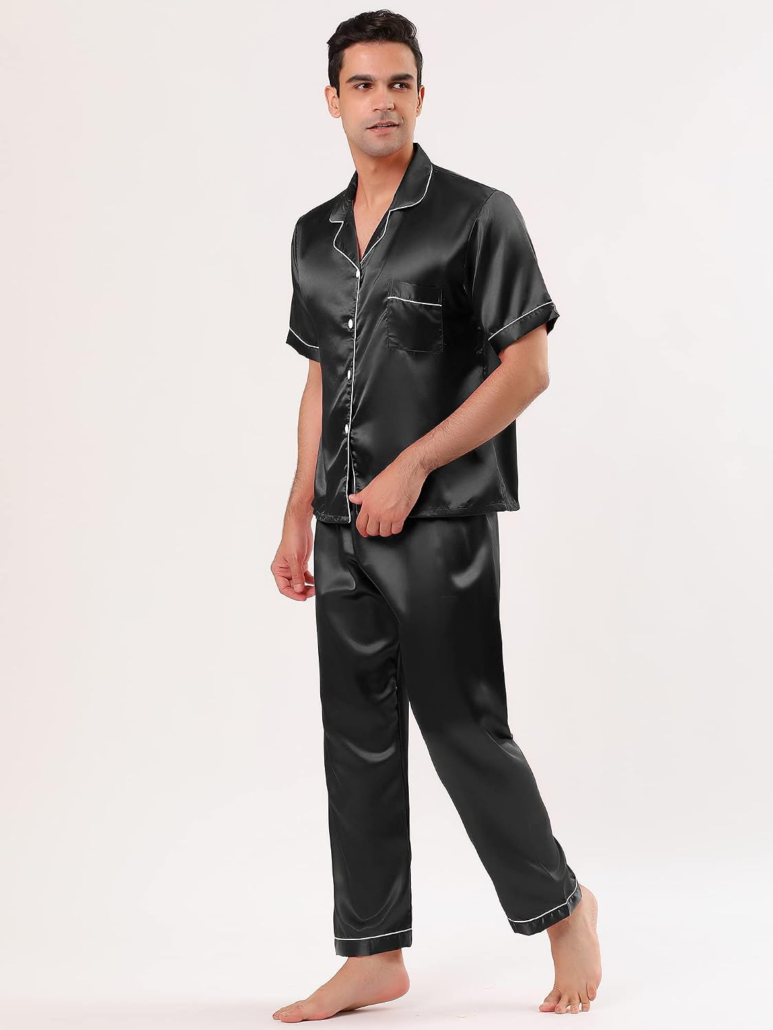 Men's Classic Satin Pajama Sets Short Sleeves Button Down Nightwear Sleepwears Loungewear