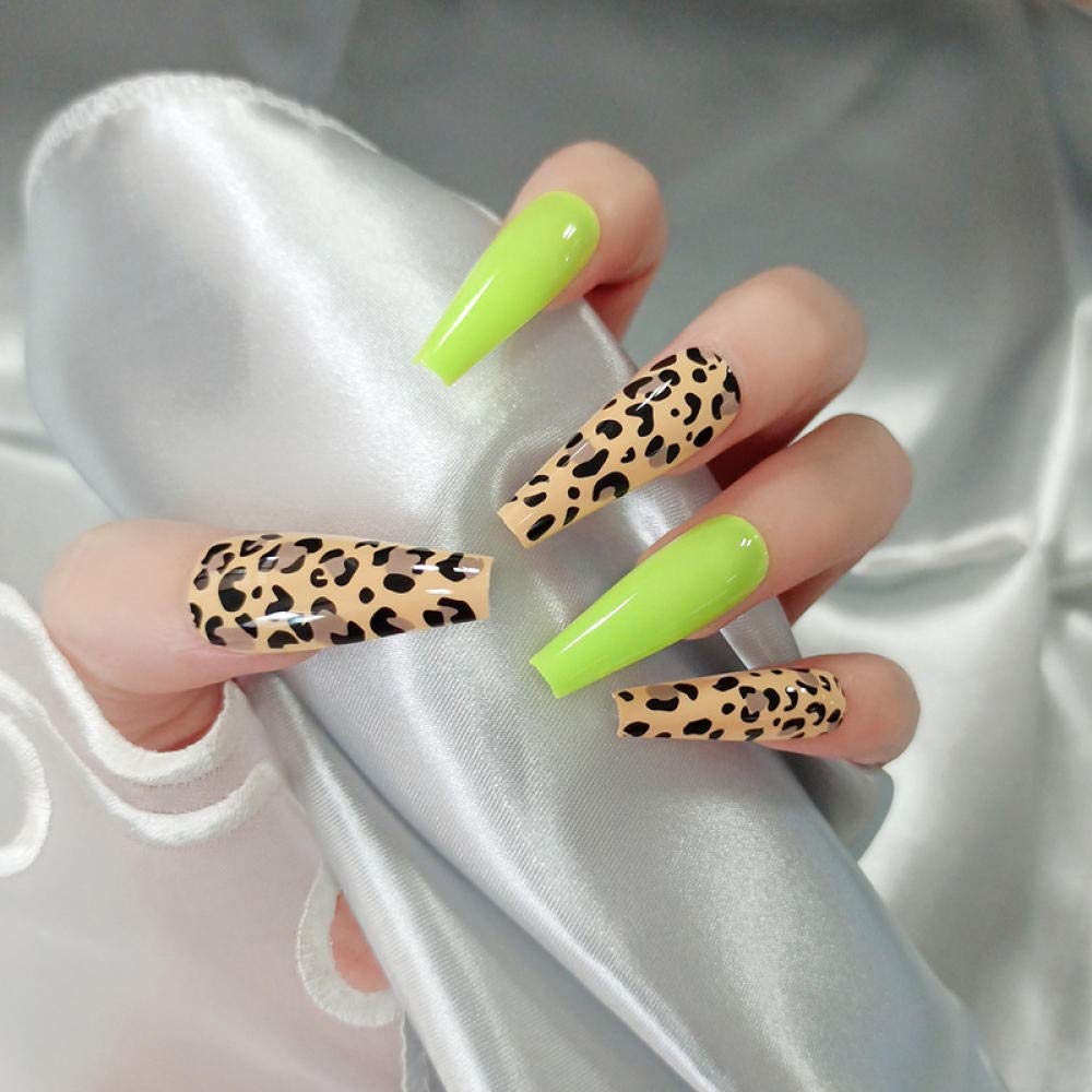 ACiyD Faux Ongles 24 pièces Presse sur Ongles Longs Pur Violet élégant Brillant Ballet Jaune imprimé léopard Faux Ongles DL